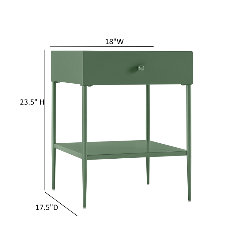 Chalamet Vintage Green Metal 1-Drawer Nightstand with Open Shelf