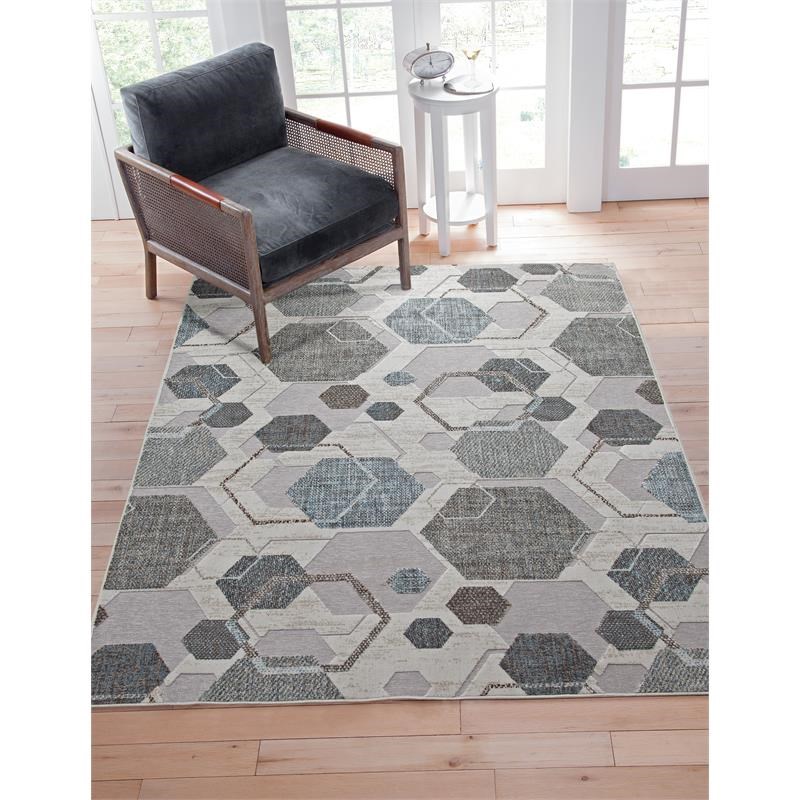 Napa Elio High/ Low Chenille and Viscose Gray/ Blue/ Multi Geometric Area Rug