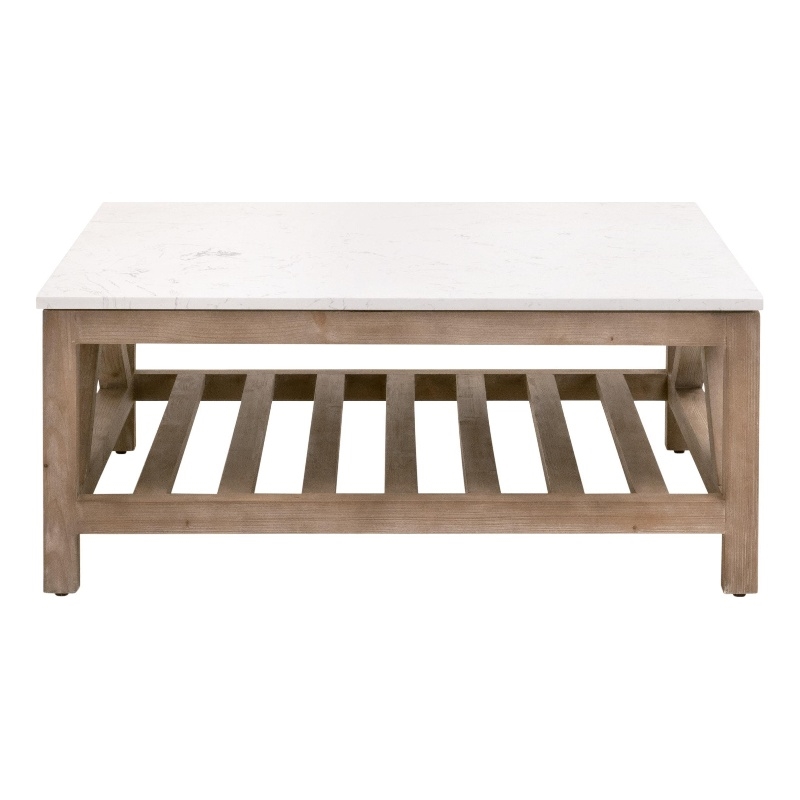 Spruce Square Coffee Table - Natural Beige Solid Wood & White Quartz