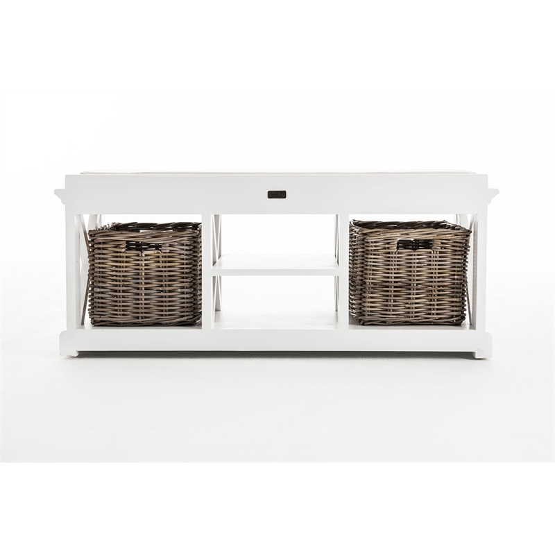 NovaSolo Halifax Entryway Bench with Cushion and Baskets Wood in Pure White