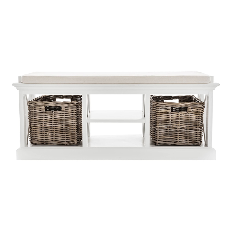 NovaSolo Halifax Entryway Bench with Cushion and Baskets Wood in Pure White