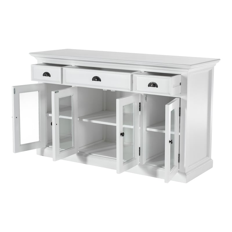Novasolo Halifax Mahogany Wood Buffet with 4 Glass Doors 3 Drawers in White