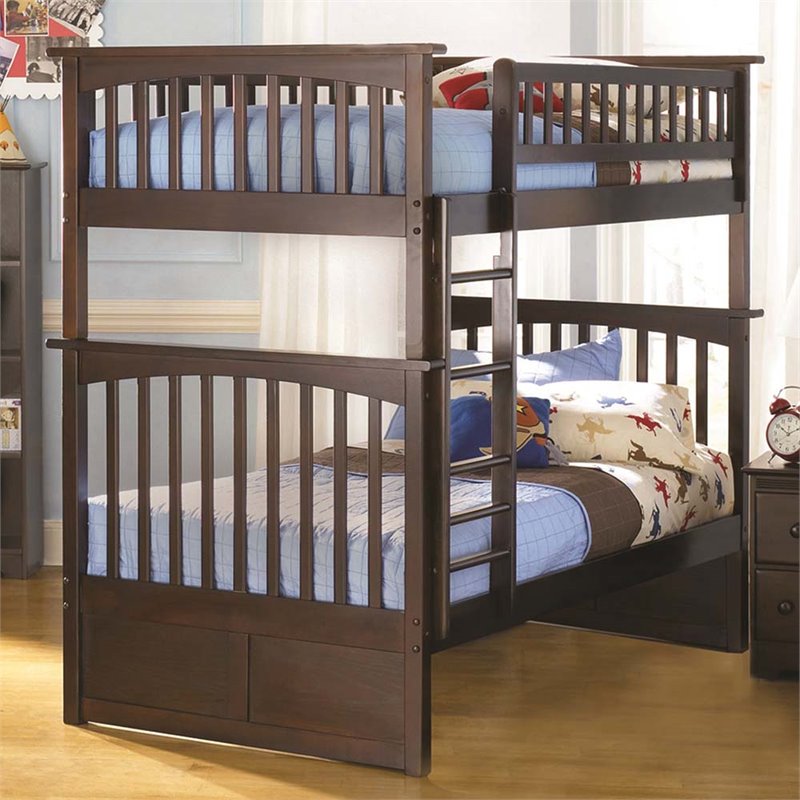 Leo & Lacey Modern Solid Wood Twin Over Twin Bunk Bed with USB Charger in Walnut