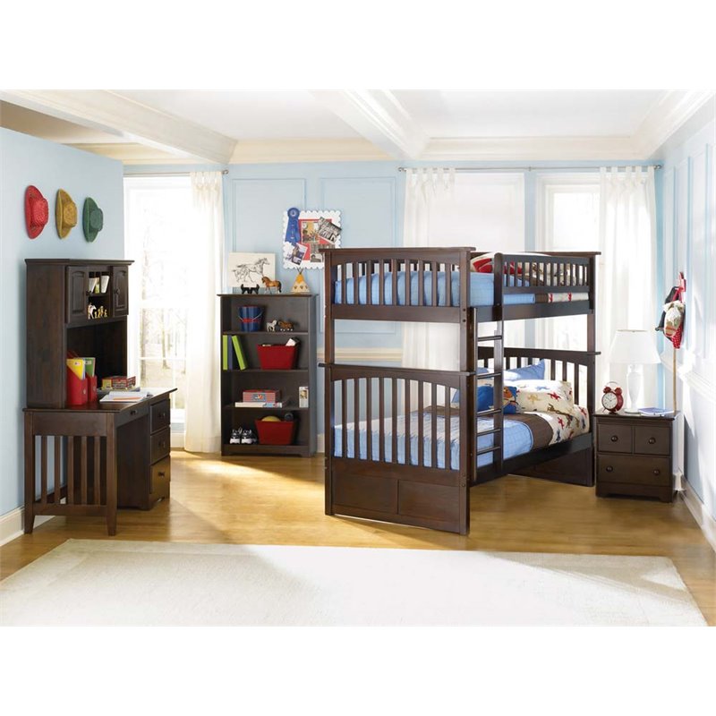 Leo & Lacey Modern Solid Wood Twin Over Twin Bunk Bed with USB Charger in Walnut