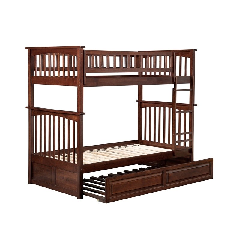 Leo & Lacey Mid-Century Wood Twin Over Twin Trundle Bunk Bed in Walnut