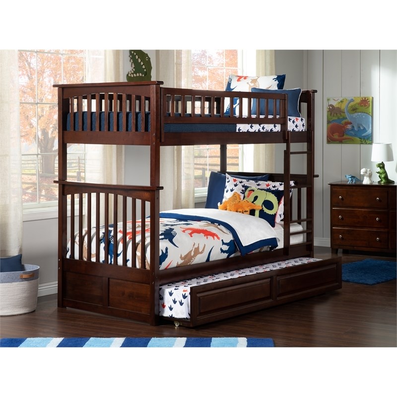 Leo & Lacey Mid-Century Wood Twin Over Twin Trundle Bunk Bed in Walnut