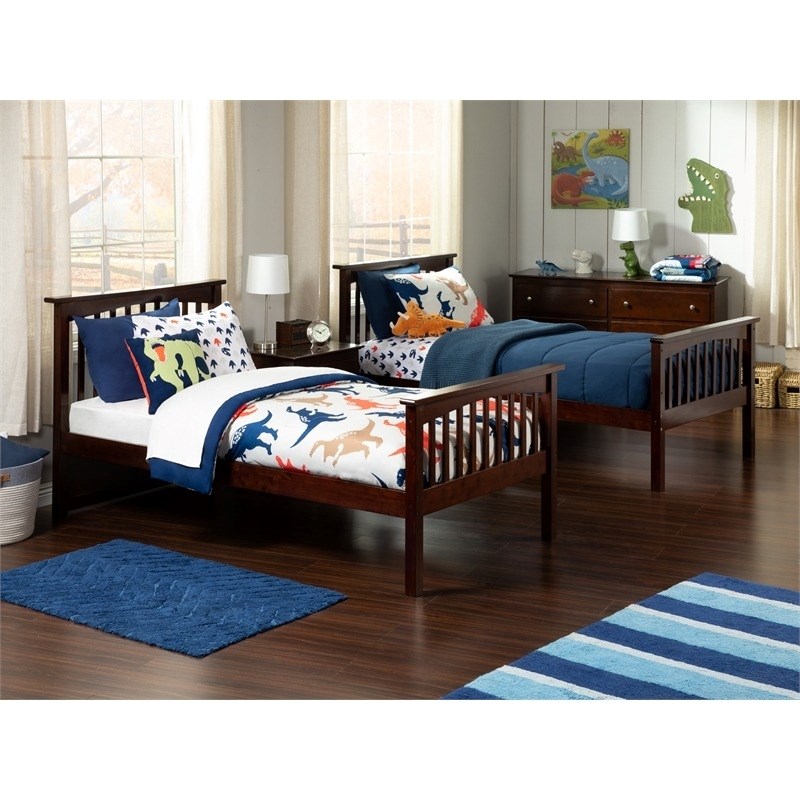 Leo & Lacey Mid-Century Wood Twin Over Twin Trundle Bunk Bed in Walnut