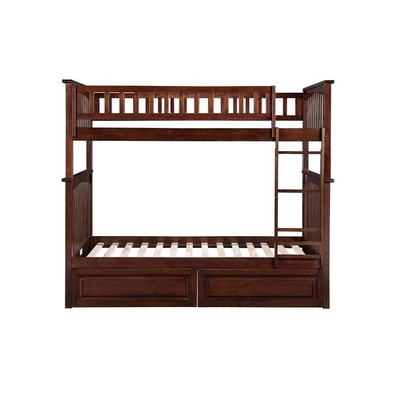 Leo & Lacey Mid-Century Solid Wood Twin Over Twin Storage Bunk Bed in Walnut