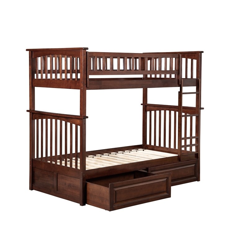 Leo & Lacey Mid-Century Solid Wood Twin Over Twin Storage Bunk Bed in Walnut
