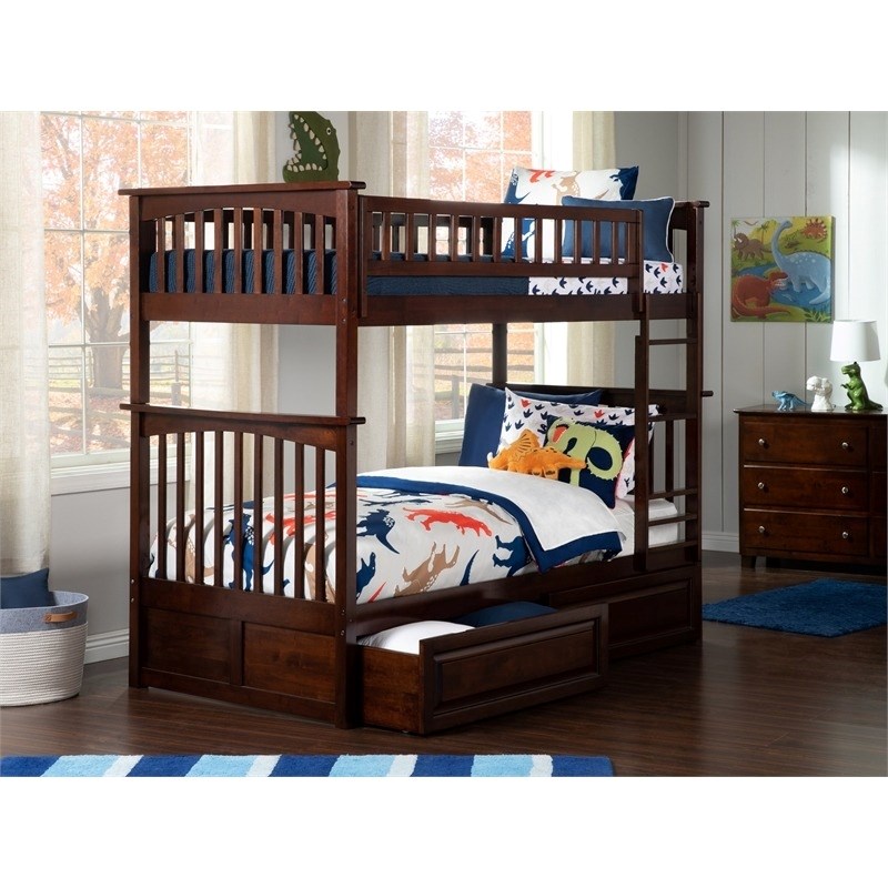 Leo & Lacey Mid-Century Solid Wood Twin Over Twin Storage Bunk Bed in Walnut