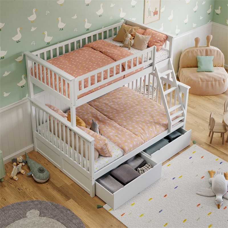 Leo & Lacey Twin Over Full Wood Bunk Bed with 2 Storage Drawers in White