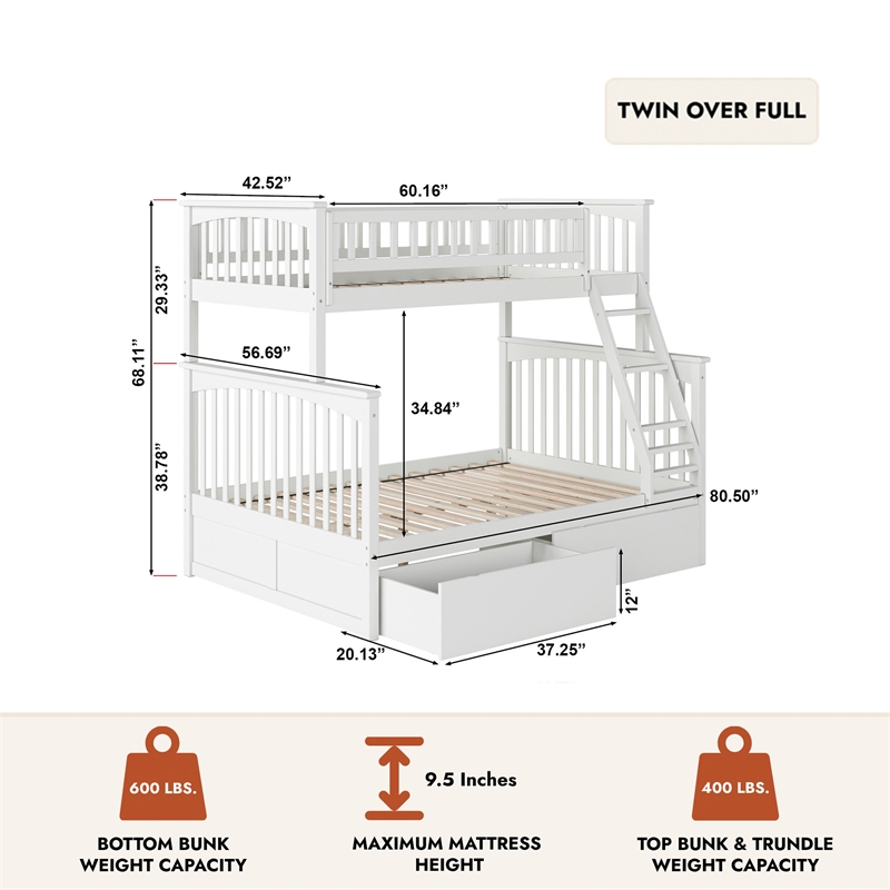 Leo & Lacey Twin Over Full Wood Bunk Bed with 2 Storage Drawers in White
