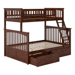 Leo & Lacey Twin Over Full Wood Bunk Bed with 2 Storage Drawers in Walnut
