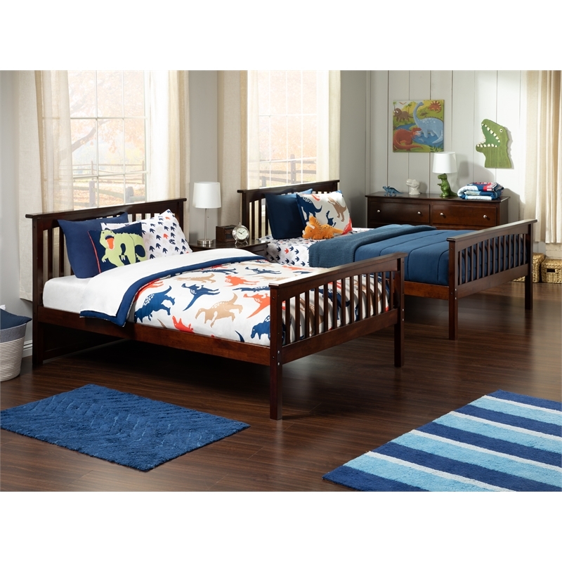 Leo & Lacey Mid-Century Wood Full Over Full Trundle Bunk Bed in Walnut