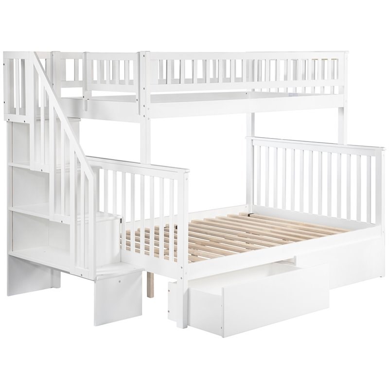 Leo & Lacey Mid-Century Wood Twin Over Full Staircase Storage Bunk Bed in White