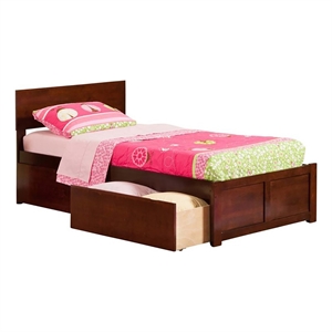 Leo & Lacey Twin Wood Platform Bed with Footboard and Storage Drawers in Walnut