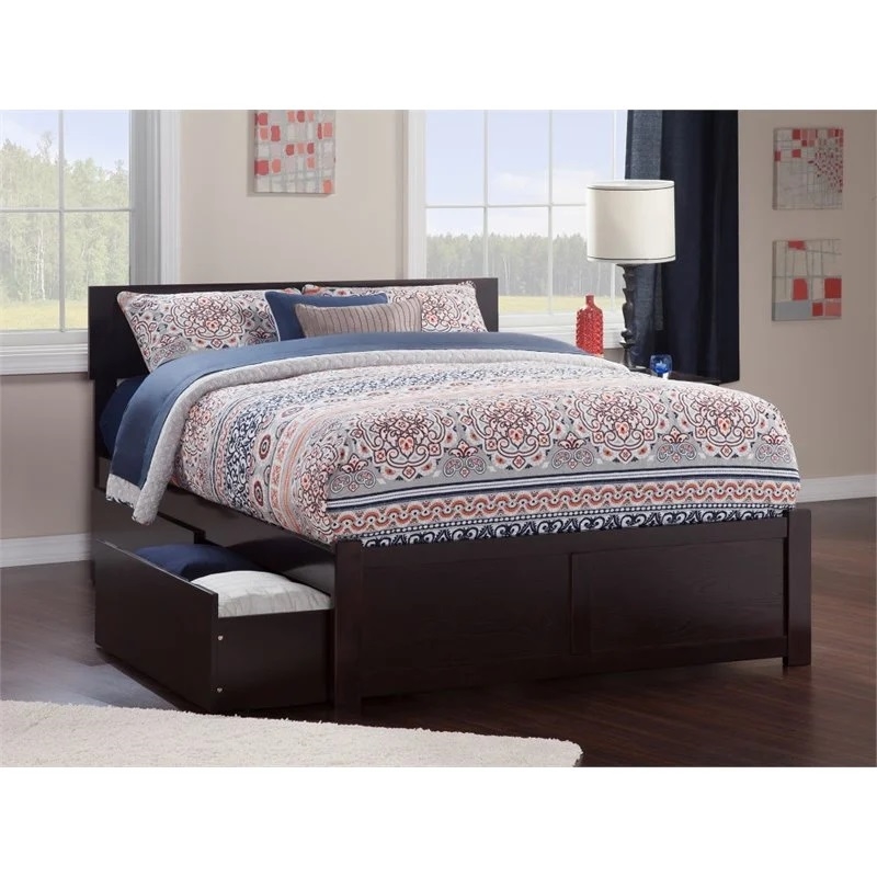 Leo & Lacey Full Wood Platform Bed with Footboard & Storage Drawers in Espresso