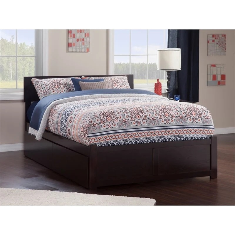 Leo & Lacey Full Wood Platform Bed with Footboard & Storage Drawers in Espresso