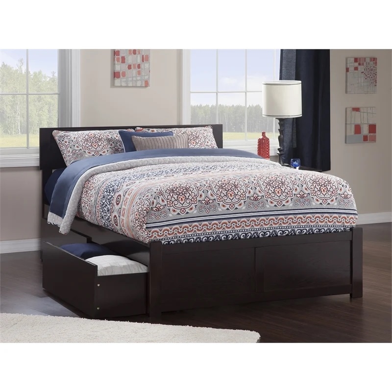 Leo & Lacey Queen Wood Platform Bed with Footboard & Storage Drawers in Espresso