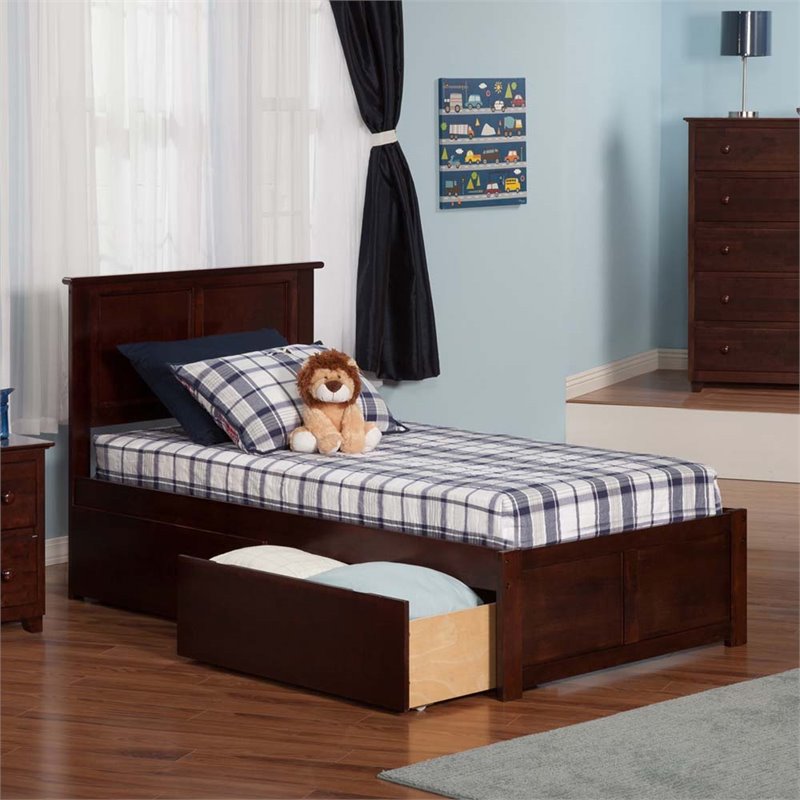Leo & Lacey Twin Wood Platform Bed with Footboard & Storage Drawers in Walnut