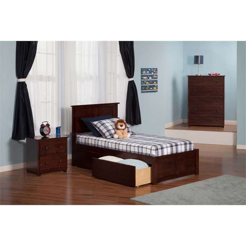 Leo & Lacey Twin Wood Platform Bed with Footboard & Storage Drawers in Walnut