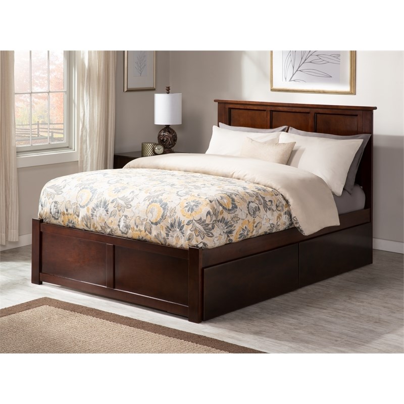 Leo & Lacey Full Wood Platform Bed with Footboard and Storage Drawers in Walnut