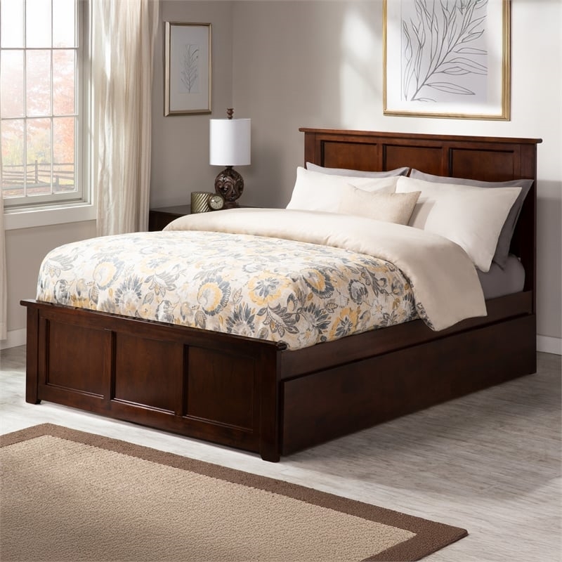 Leo & Lacey Full Platform Bed with Footboard and Twin Trundle in Walnut