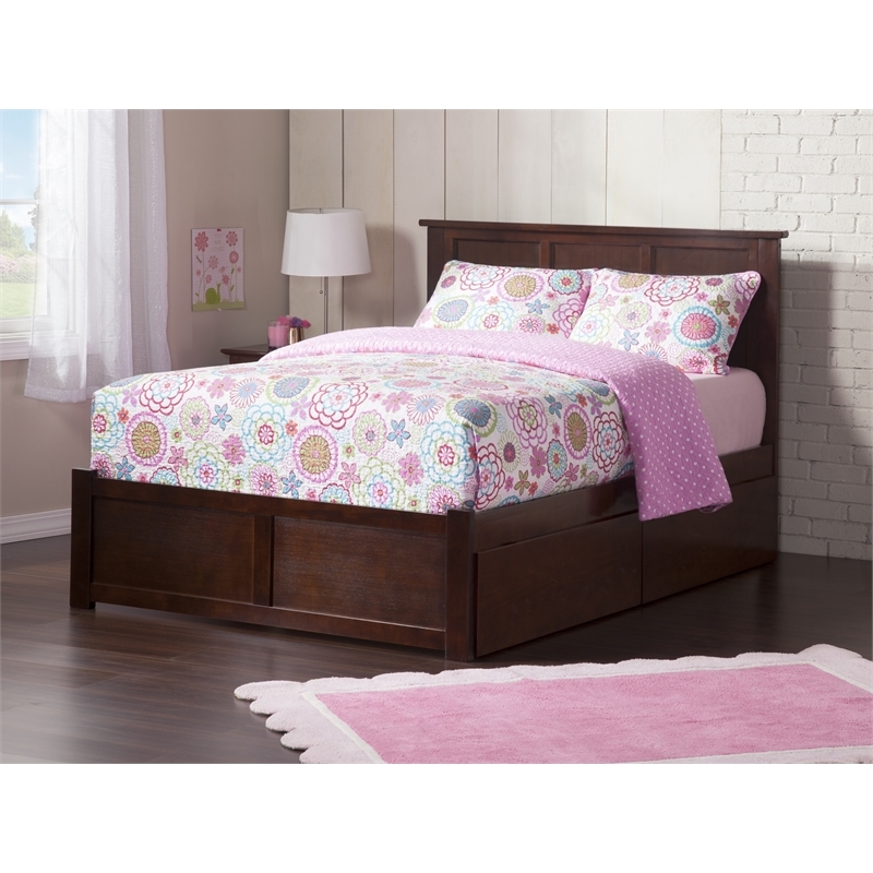 Leo & Lacey Queen Wood Platform Bed with Footboard and Storage Drawers in Walnut