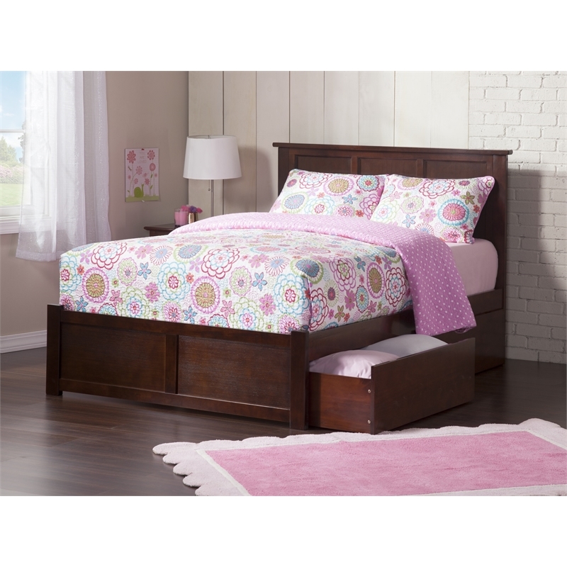 Leo & Lacey Queen Wood Platform Bed with Footboard and Storage Drawers in Walnut