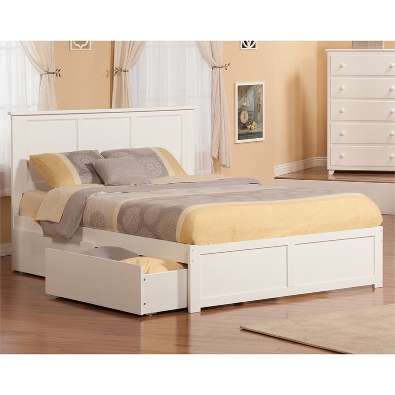 Leo & Lacey King Wood Platform Bed with Footboard & Storage Drawers in White