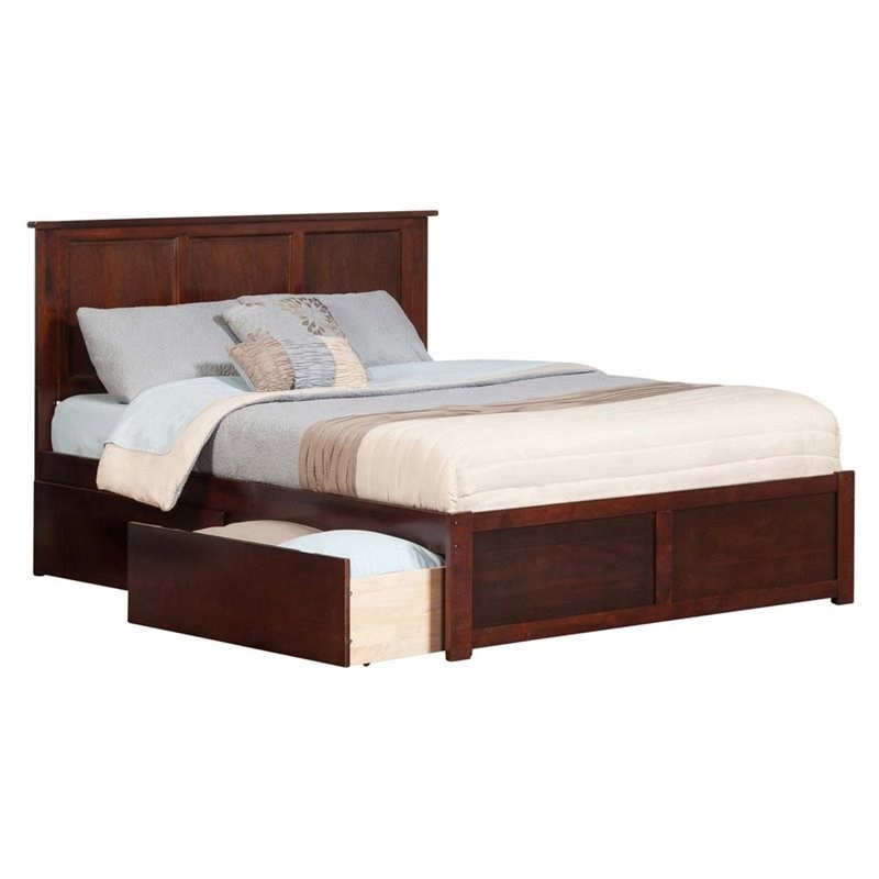 Leo & Lacey King Wood Platform Bed with Footboard & Storage Drawers in Walnut