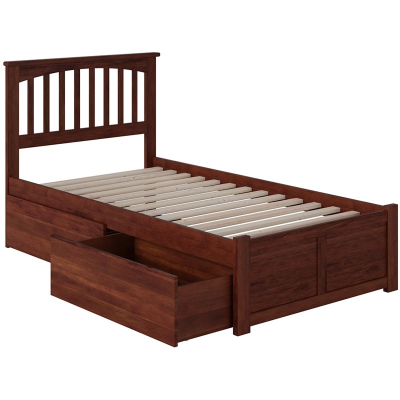 Leo & Lacey Twin XL Wood Platform Bed with Footboard & Storage Drawers in Walnut