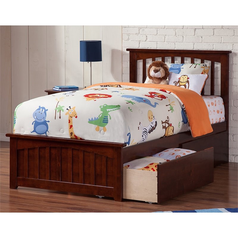 Leo & Lacey Twin XL Platform Bed with Footboard & Storage Drawers in Walnut