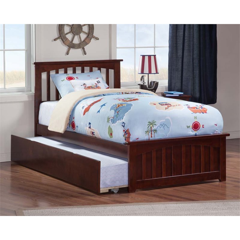 Leo & Lacey Twin Platform Bed with Matching Footboard & Twin Trundle in Walnut