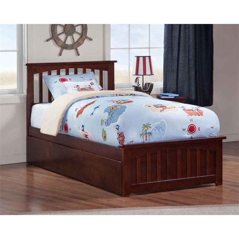 Leo & Lacey Twin Platform Bed with Matching Footboard & Twin Trundle in Walnut