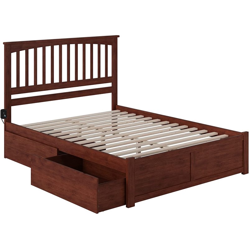 Leo & Lacey Queen Wood Platform Bed with Footboard and Storage Drawers in Walnut