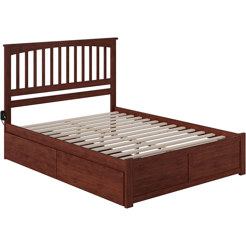Leo & Lacey Queen Wood Platform Bed with Footboard and Storage Drawers in Walnut