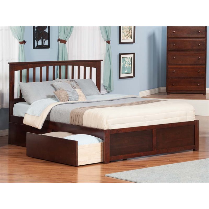 Leo & Lacey King Wood Platform Bed with Footboard & Storage Drawers in Walnut