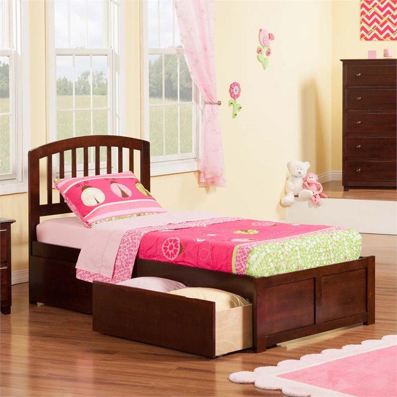 Leo & Lacey Twin XL Wood Platform Bed with Footboard & Storage Drawers in Walnut