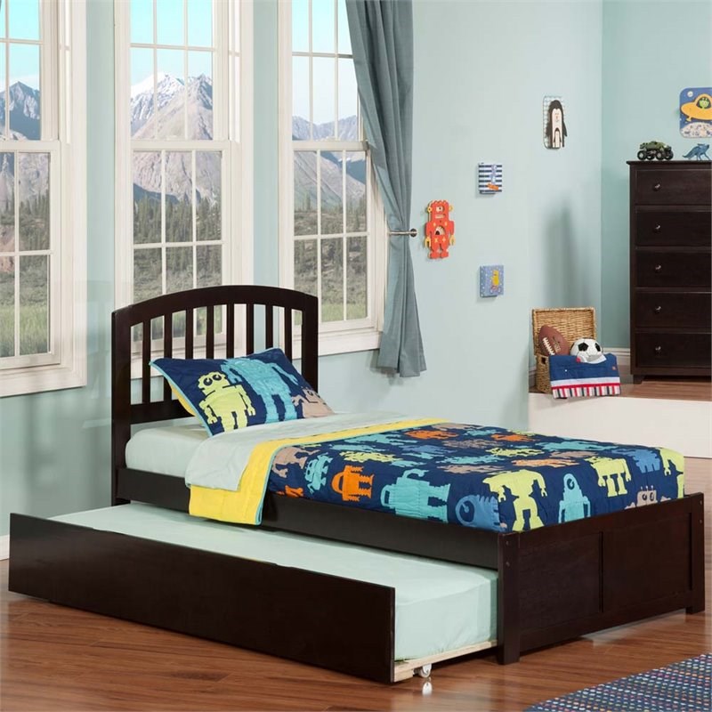 Leo & Lacey Twin Wood Platform Bed with Footboard and Twin Trundle in Espresso