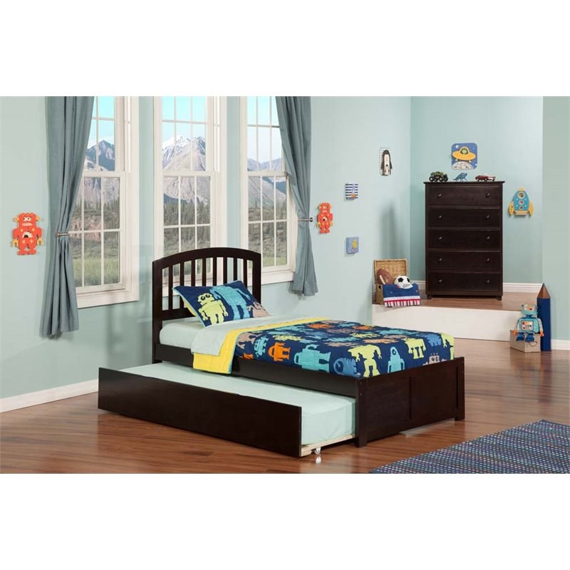 Leo & Lacey Twin Wood Platform Bed with Footboard and Twin Trundle in Espresso