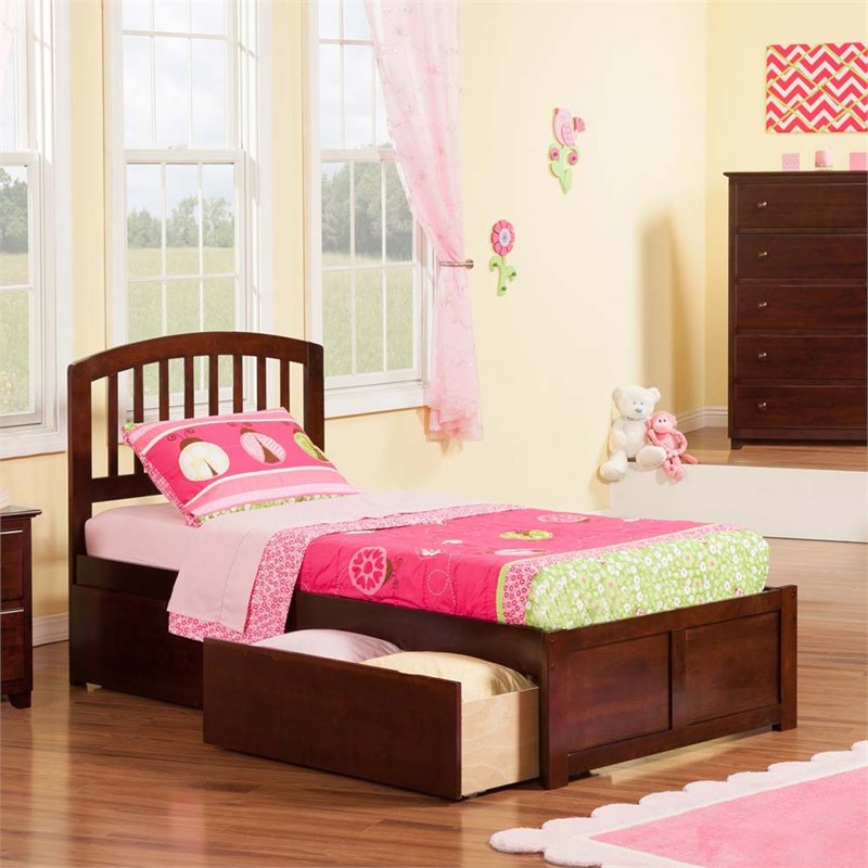 Leo & Lacey Twin Wood Platform Bed with Footboard and Storage Drawers in Walnut