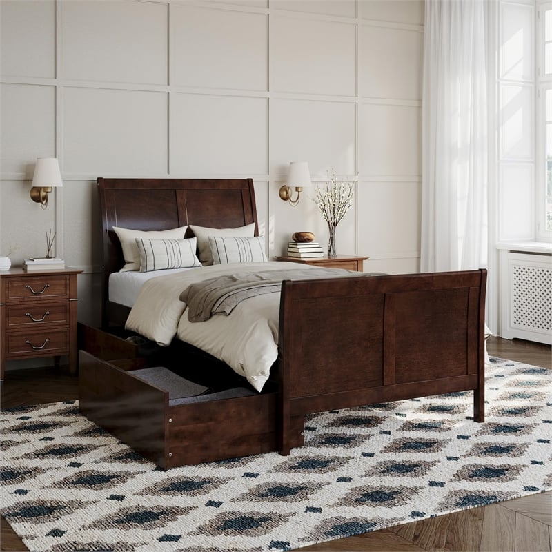 Leo & Lacey Twin Storage Wood Platform Bed with Matching Footboard in Walnut