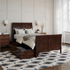 Leo & Lacey Twin Storage Wood Platform Bed with Matching Footboard in Walnut