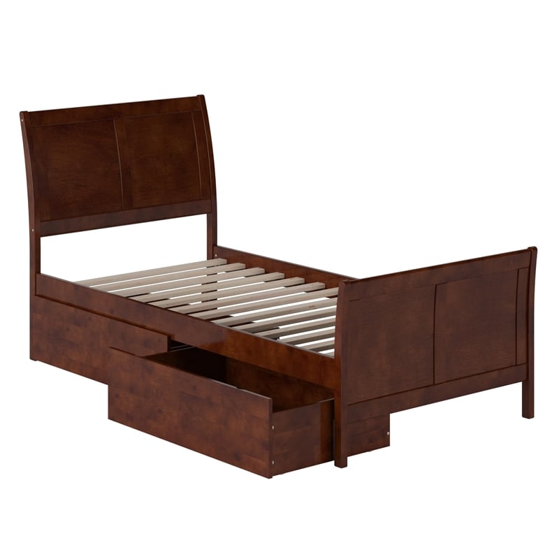 Leo & Lacey Twin Storage Wood Platform Bed with Matching Footboard in Walnut