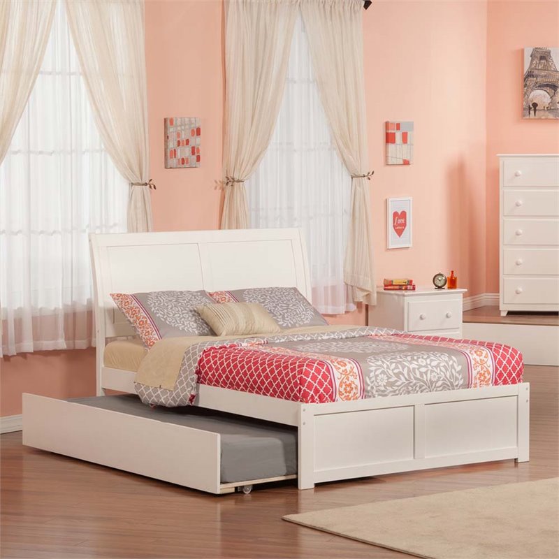 Leo & Lacey Full Wood Platform Bed with Footboard and Twin Trundle in White