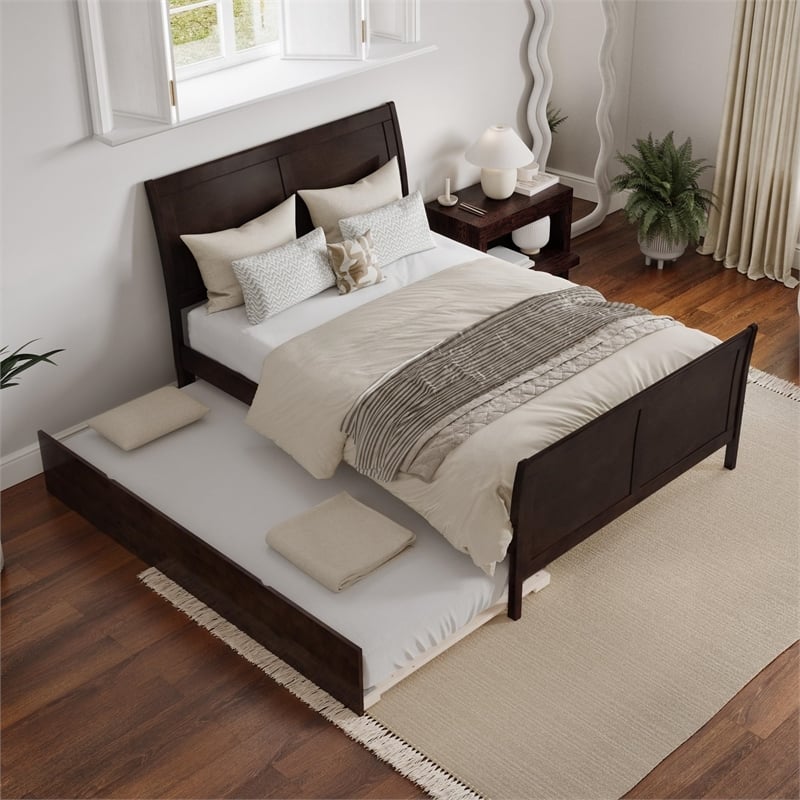 Leo & Lacey Full Wood Platform Bed with Footboard & Trundle in Espresso