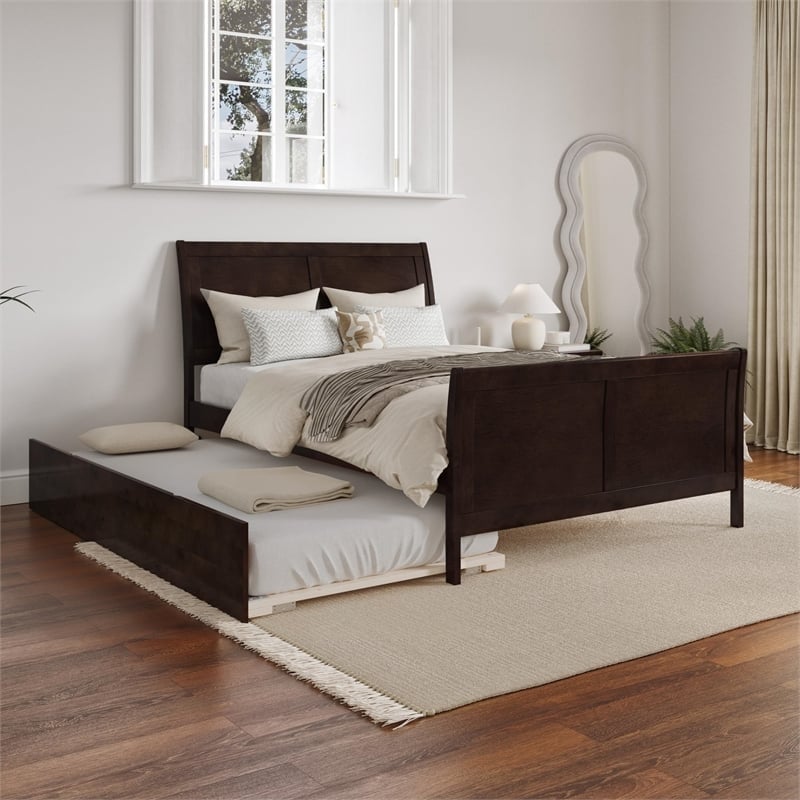 Leo & Lacey Full Wood Platform Bed with Footboard & Trundle in Espresso