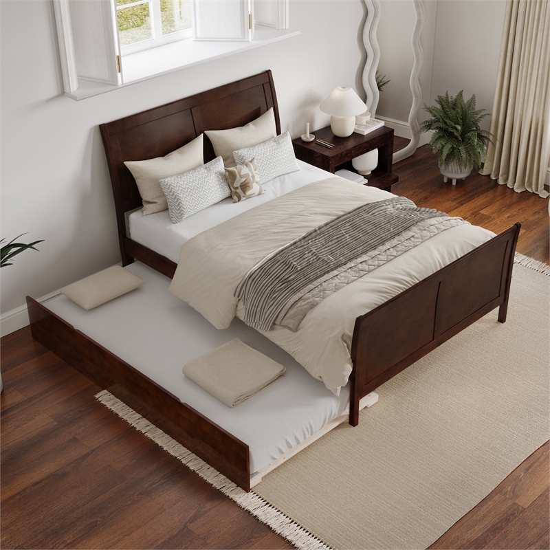 Leo & Lacey Full Platform Bed with Matching Footboard & Twin Trundle in Walnut