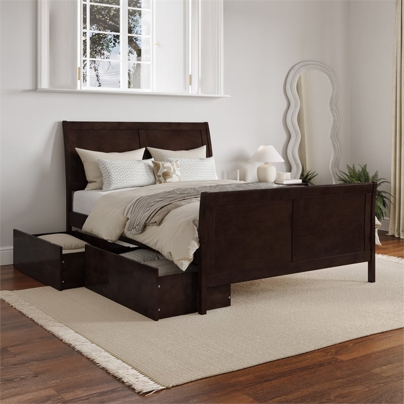 Leo & Lacey Full Storage Wood Platform Bed with Footboard in Espresso
